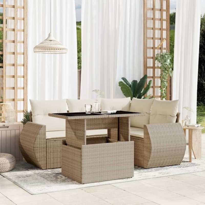 vidaXL Patio Sofa Set with Cushions Outdoor Furniture 5 Piece Poly Rattan - 21.7 x 39.4 x 28.7 - Beige and Cream-without storage