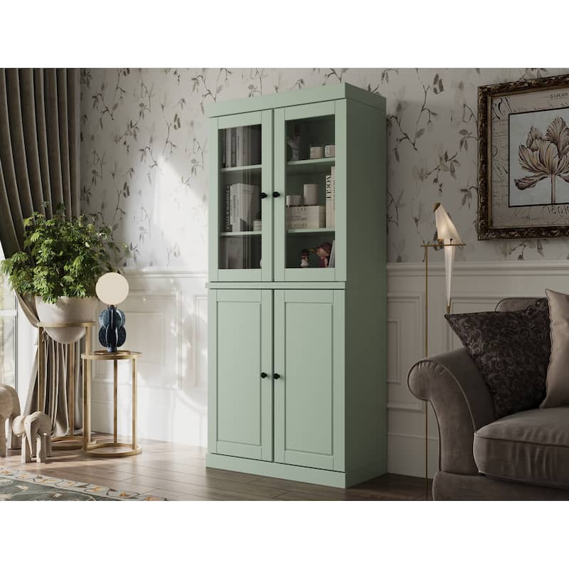 100% Solid Wood 6-Shelf Bookcase with Optional Doors by Palace Imports - 4 Dr Glass/Wood - Sage