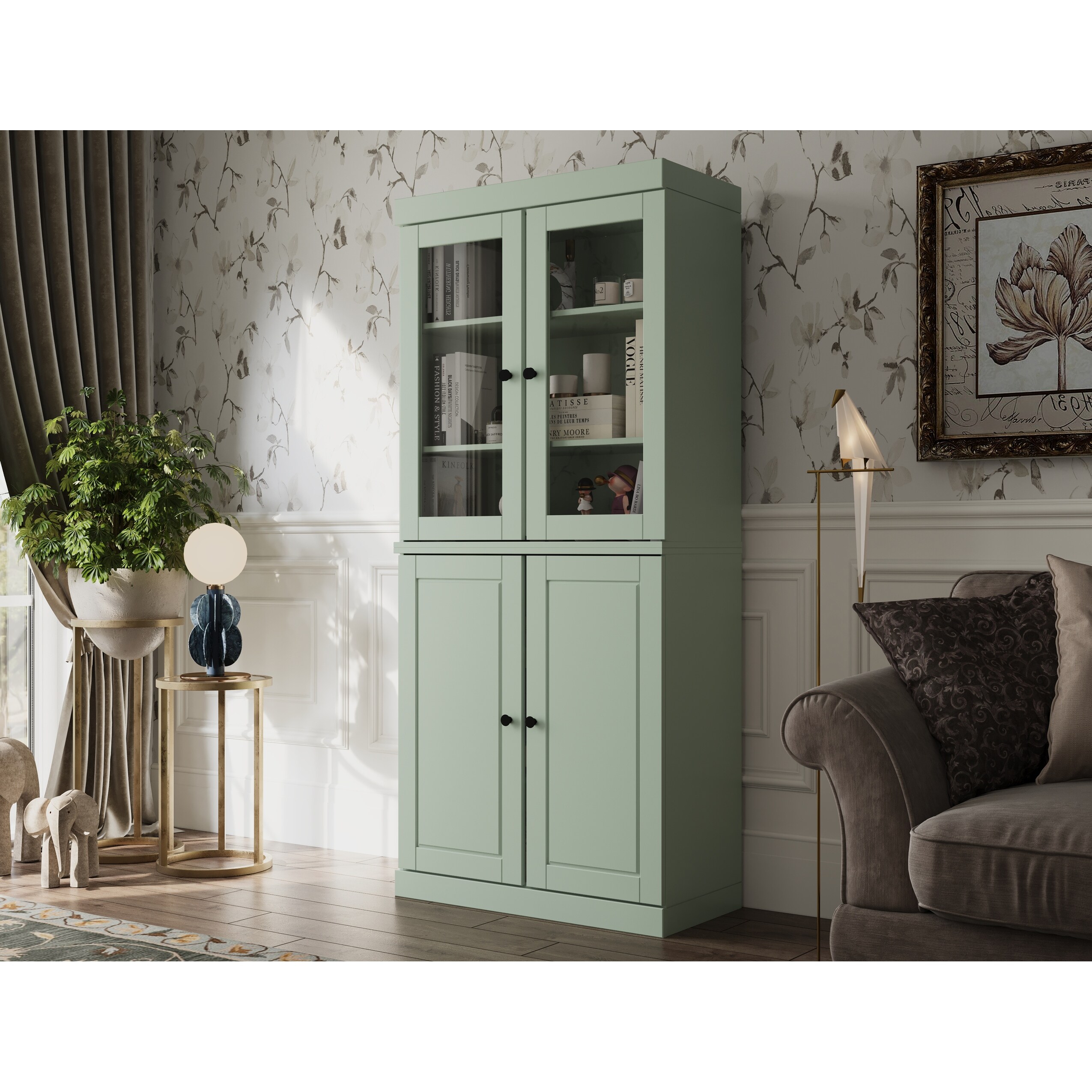 Palace Imports Solid Wood 6-Shelf Bookcase, Raised Panel Clear Glass Doors, Adjustable Shelves