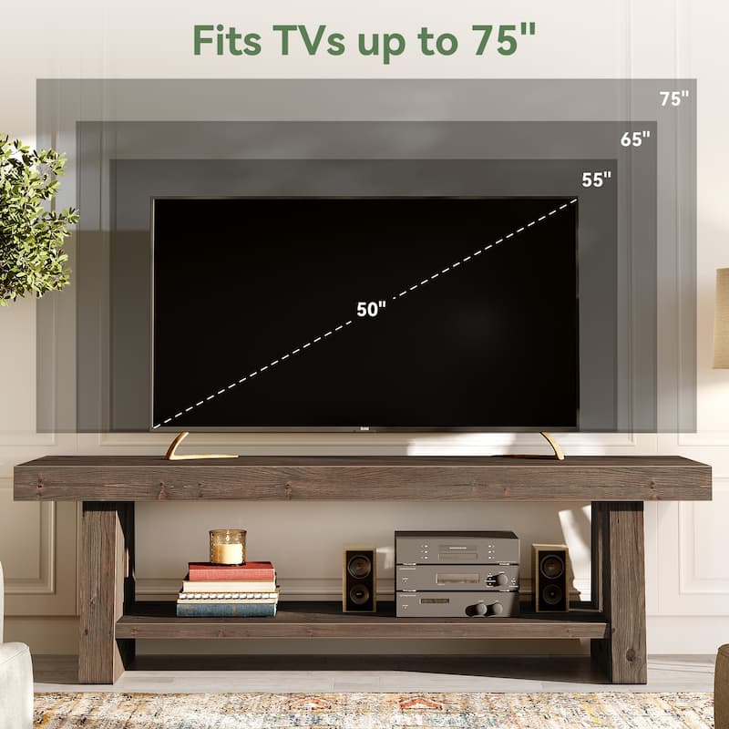 2-Tier Solid Wood TV Stand with Storage Shelves, Entertainment Center Television Console for 75-Inch TVs Living Room Bedroom