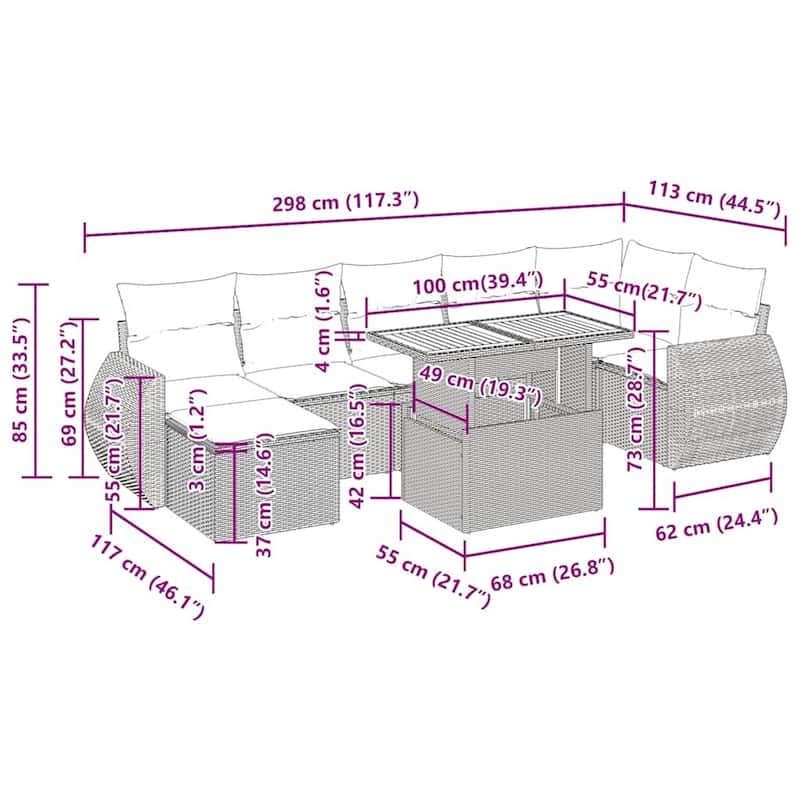 vidaXL Patio Sofa Set with Cushions Outdoor Sofa Sections 8 Piece Poly Rattan - 21.7 x 39.4 x 28.7