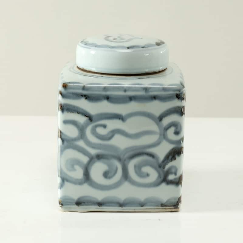Approx.8 Inches Subtle Blue and White Square Jar with Floral Motif