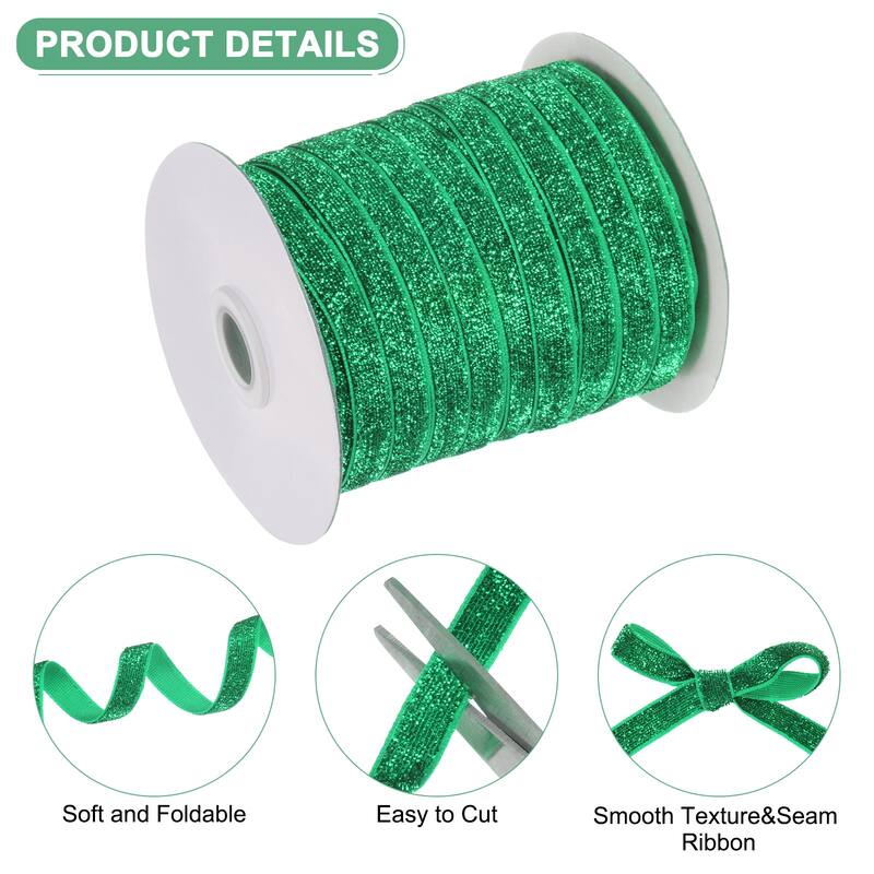 1 Pack Metallic Glitters Velvet Ribbon,3/8"x50 Yards for Gift - Christmas Green