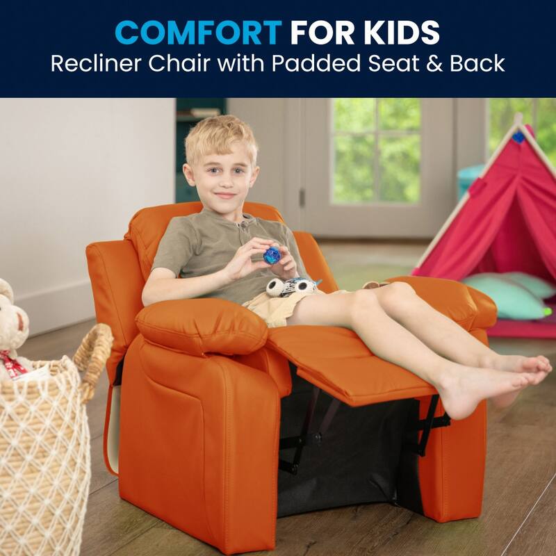 Deluxe Padded Contemporary Kids Recliner with Storage Arms
