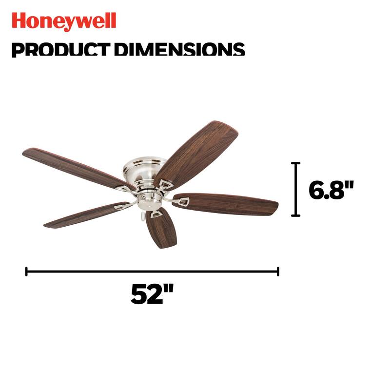 52" Honeywell Glen Alden Brushed Nickel Indoor Ceiling Fan, No Light, Pull Chain