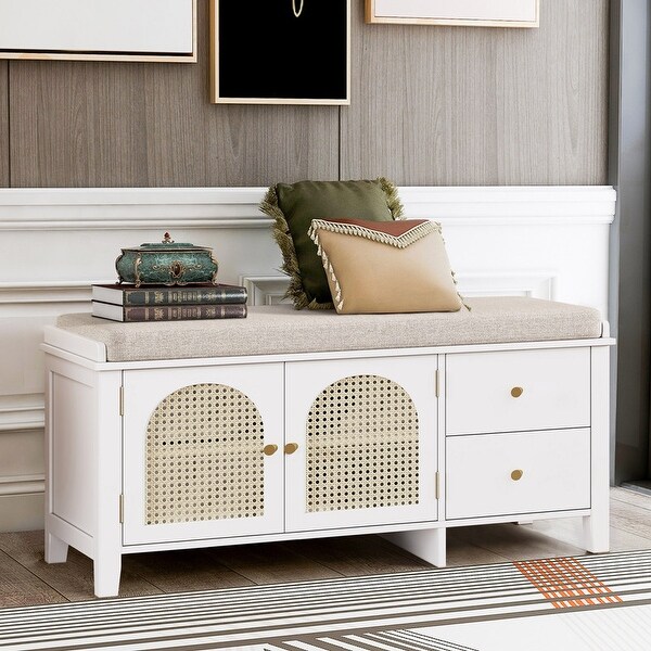 Retro Shoe Storage Bench with Drawers and Cushion for Entryway or