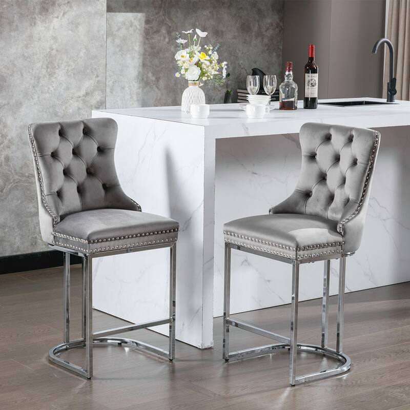 2PCS Velvet Counter Height Bar Stools - Grey