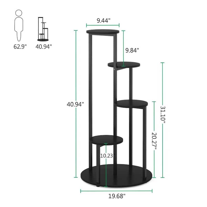 Black Wood Iron 5-Tier Round Indoor Plant Stand with Open Shelving Display - 19.68'' L X 19.68'' W x 40.94” H