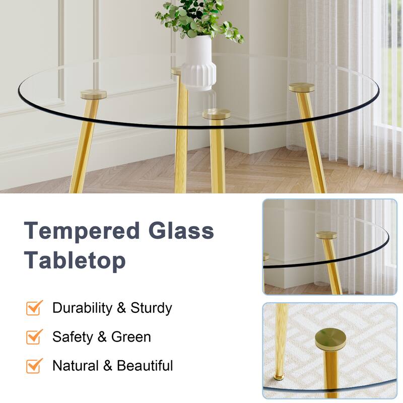 Modern Style Dining Set with Round Transparent Tempered Glass Table and PU High Back Dining Chairs