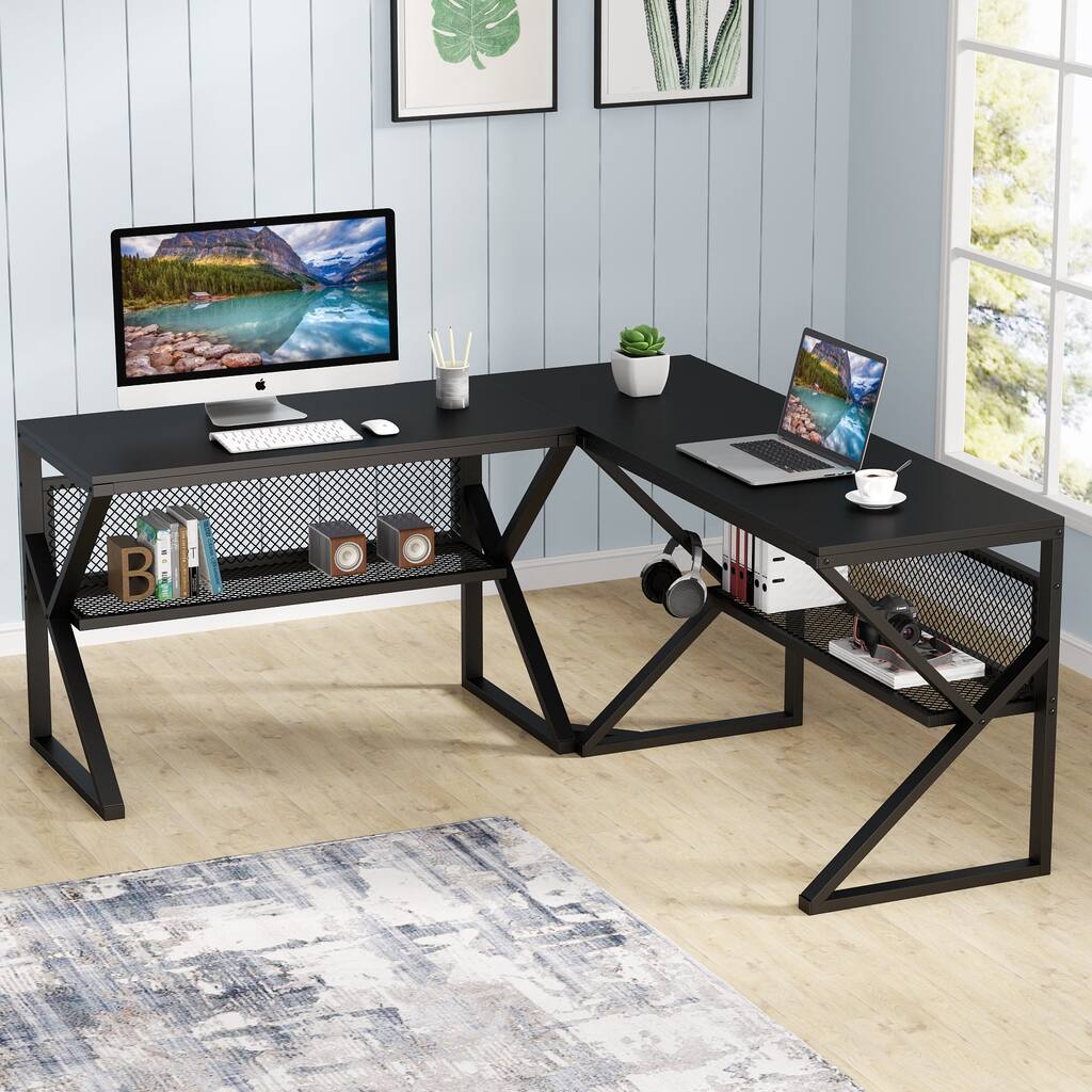 Reversible L Shaped Computer Desk with Bookshelf