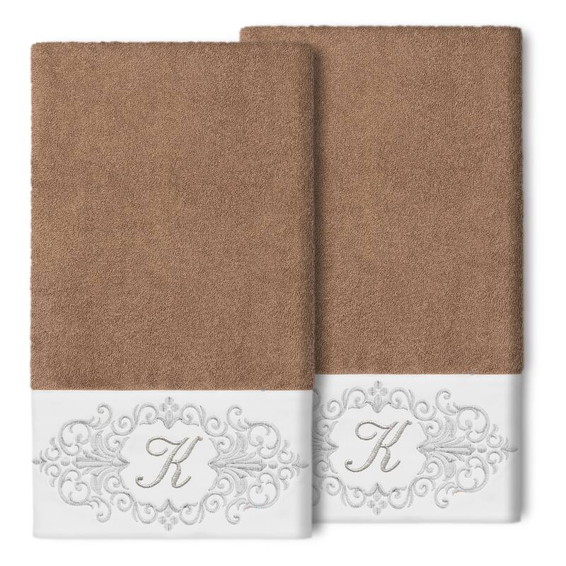 Authentic Hotel and Spa 100% Turkish Cotton Monica 2PC Embellished Bath Towel Set - K - Latte