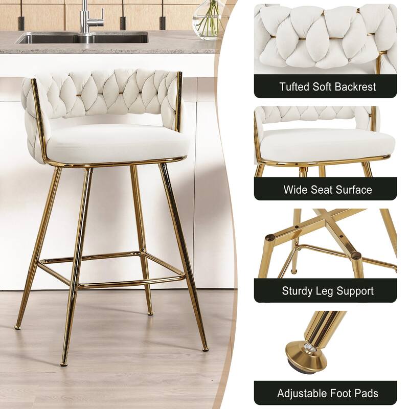 VECELO Counter Height Bar Stools with Woven Backrest 26.77" Seat Height Mid-Century Modern Upholstered Bar Chairs for Kitchen