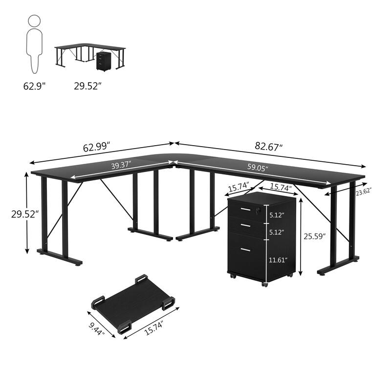 Large Executive Desk with File Cabinet, L Shaped Computer Desk Storage Cabinet