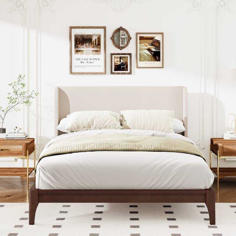 Wood Queen/King Size Platform Bed with Upholstered High Headboard - Chocolate - King