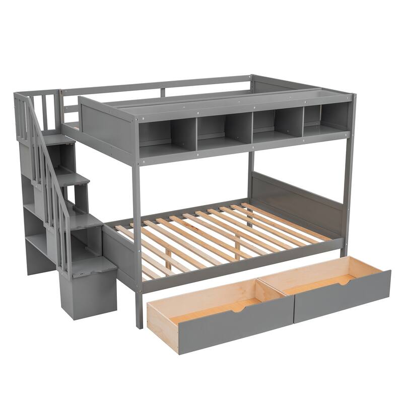 Merax Twin over Full Bunk Bed with Shelfs, Storage Staircase and 2 Drawers