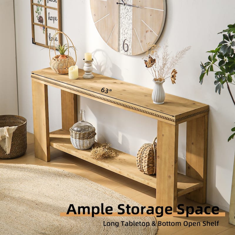 63" Entryway Console Table, 2-Tier Farmhouse Narrow Sofa Table Behind Couch, Boho Accent Entrance Console with Beaded Trim