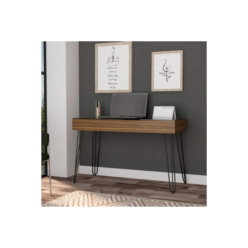 Shantou Mahogany Desk - Modern Retro Style Writing Table with Glass Top & Drawer