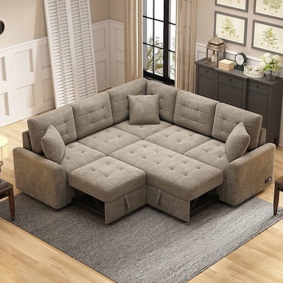 Modular Velvet Pull-out Sleeper Sofa, Living Room Spacious Space L Shaped Corner Sectional Sofa