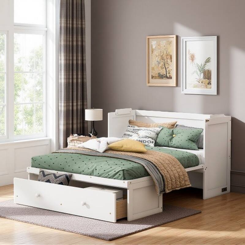 Queen Size Murphy Bed Cabinet with USB Charging Ports and Storage Drawer, Foldable Space-Saving Design with Pine Wood Frame - White - Full