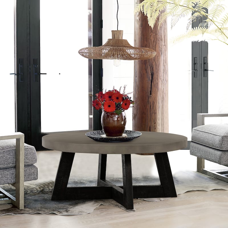 Chester 36 Inch Round Coffee Table with Concrete Top and Acacia Solid Wood Base - Bown - Concrete