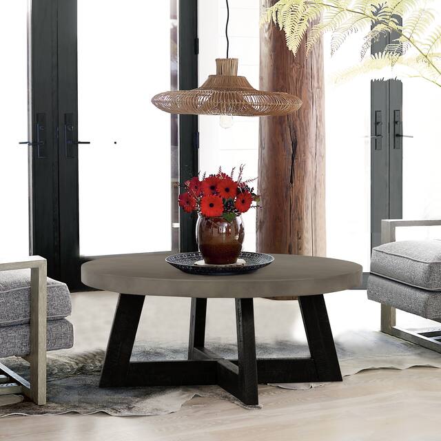 Chester Modern Concrete and Acacia Round Coffee Table - On Sale