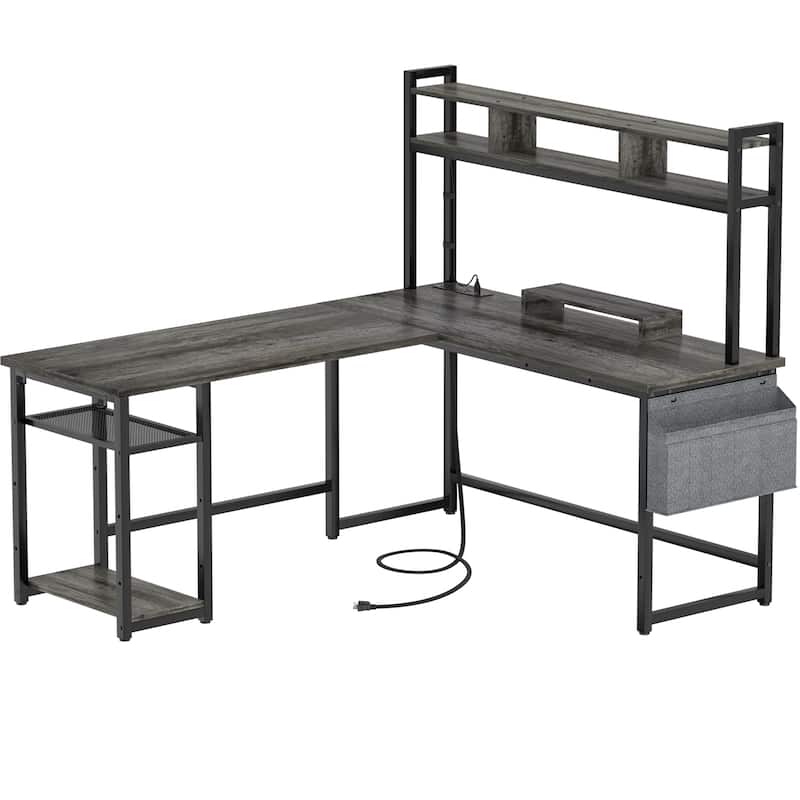 L-Shape Gaming Desk Wood Office Computer Table with Hutch and USB Port - Grey Oak