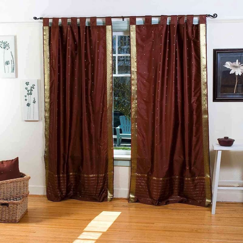 Brown Tab Top Sheer Sari Curtain / Drape / Panel - Piece - 60" W X 96" L (Unlined) - 96 Inches
