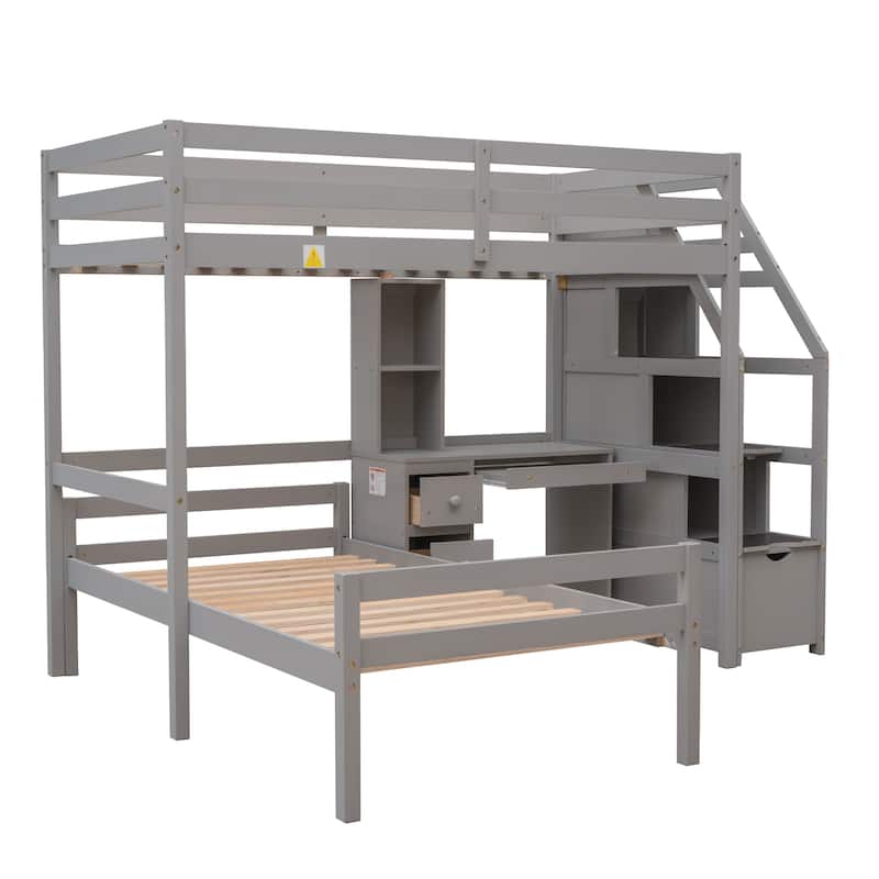 Gray Twin Pine Loft Bunk Bed with Storage Staircase, Desk, Shelves, Drawers
