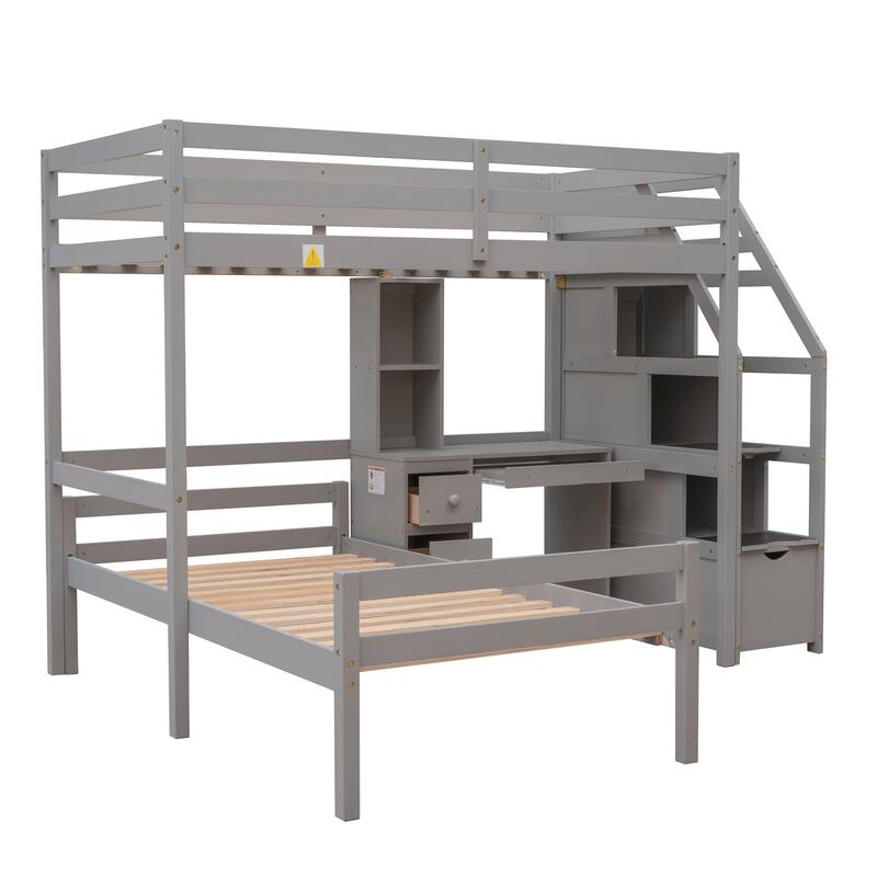 Space-Saving Twin Loft Bed with Stand-Alone Bed, Storage Stairs, Desk and Shelves, Gray