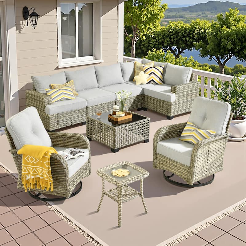 HOOOWOOO 9-piece Wicker Patio Furniture Set Sectional Sofa with Swivel Chair. - Grey