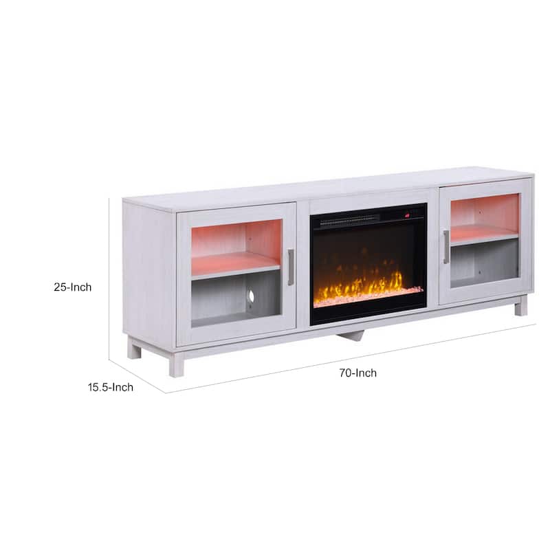 Samy 70 Inch TV Console LED Fireplace Heater, Glass Door, White, Silver