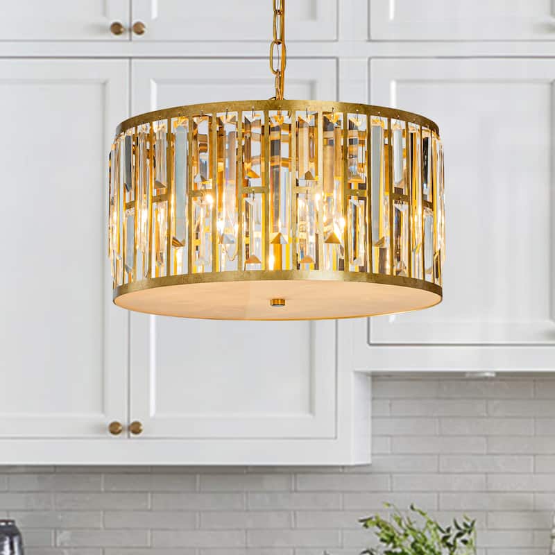 Mid-Century Modern Matte Gold Drum Chandelier with Crystals Adjustable Contemporary Elegance Lantern 6-Light Fixture - W:16"