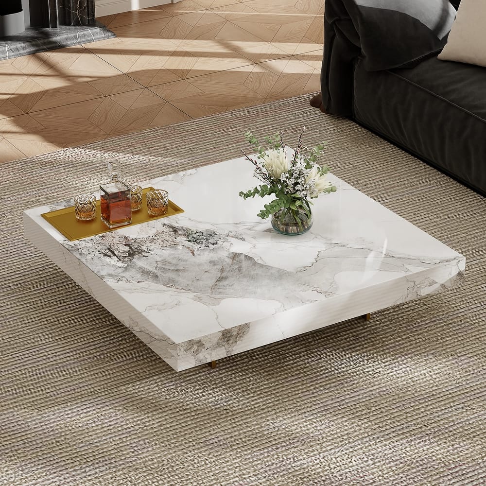 Modern 42" Faux Marble Square Coffee Table，Glossy Sintered Stone Tabletop