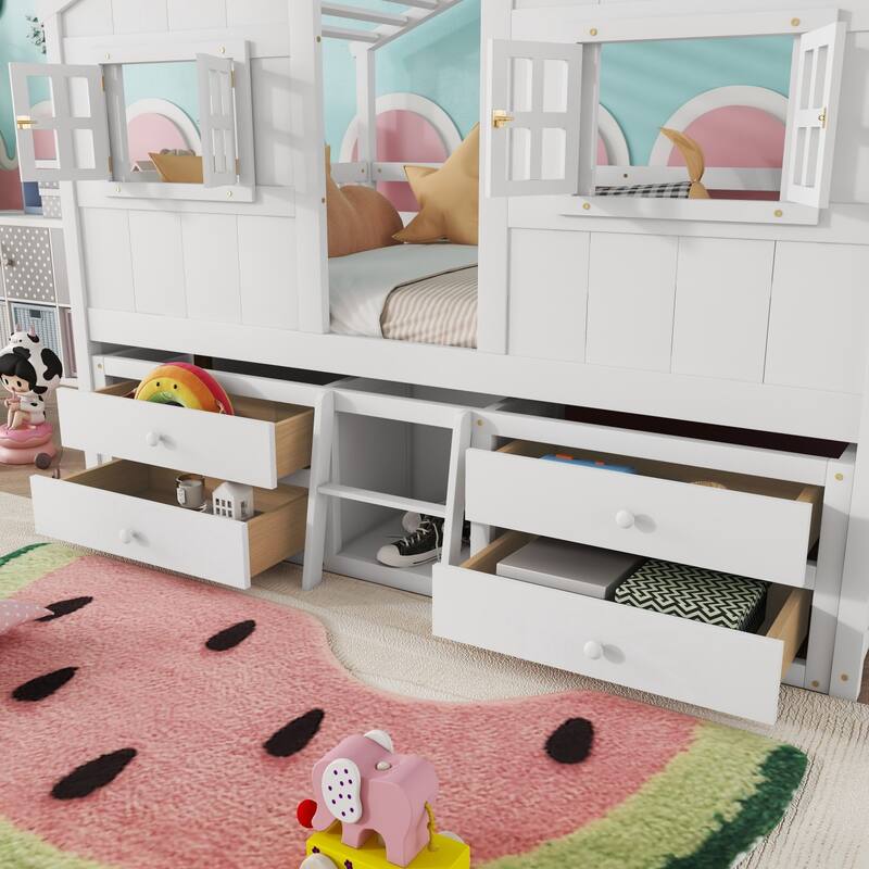 Full Size House Loft Bed with 4 Drawers with Safety Guardrails and Ladder