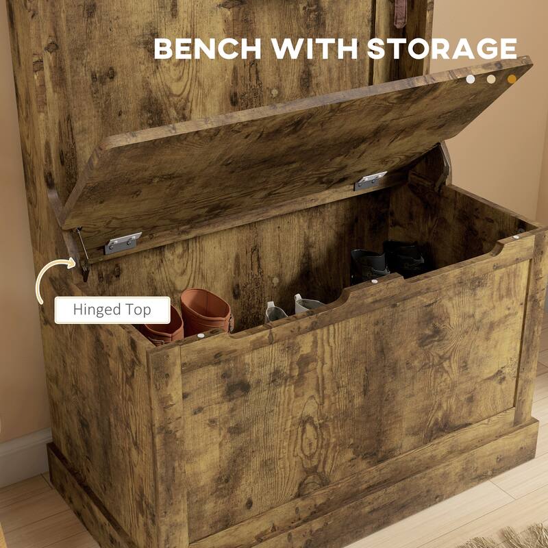 Multifunctional Hall Tree with Storage Bench, Coat Hooks & Shoe Storage MDF Wood Steel Hardware - 28.25" W x 15.5" D x 67" H