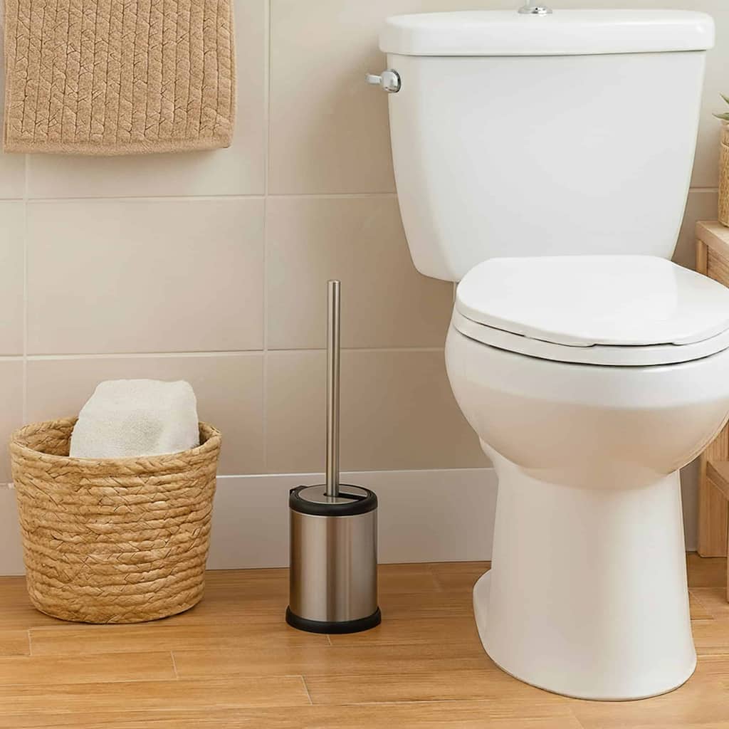 Bath Toilet Bowl Brush Holder with Folding Lid Stainless Steel - 15 inches H x 4.8" Diam