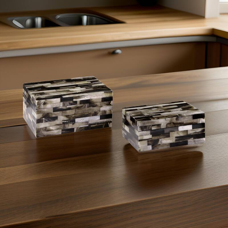 Foer Decorative Storage Box Set of 2, Black Brown Cream Mosaic Pattern