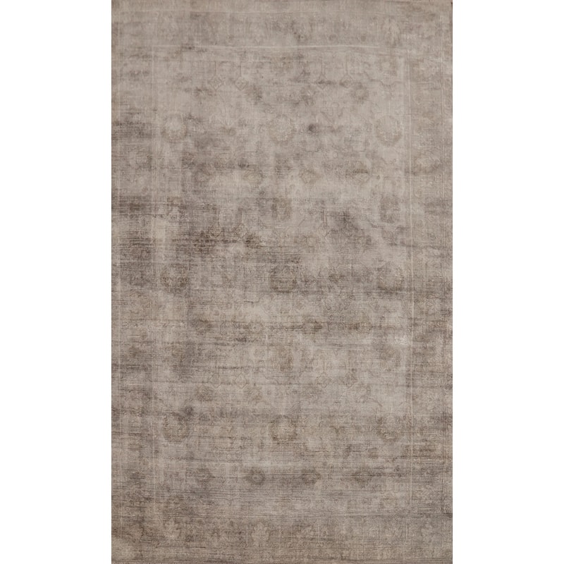 Hand-knotted Transitional Silk Carpet Brown Oushak Rug Geometric Oriental Area Rug - 9' 10'' X 6' 6''