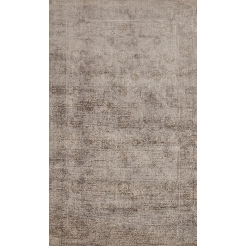 Hand-knotted Transitional Silk Carpet Brown Oushak Rug Geometric Oriental Area Rug - 9' 10'' X 6' 6''