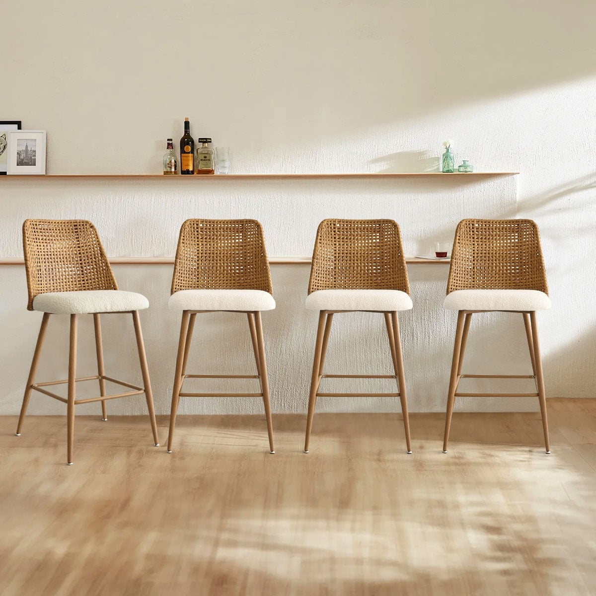 27" Upholstered Boucle Rattan Full Back Counter Stool (Set of 4)