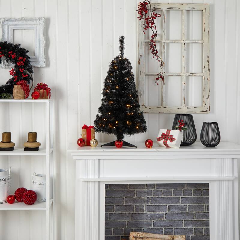 3ft. Black Artificial Christmas Tree with 50 LED Lights & 118 Branches - Modern Festive Holiday X-Mas Accent