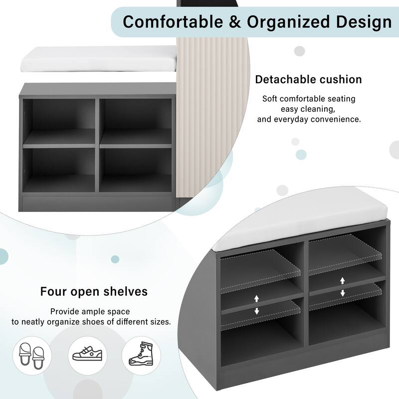 Entryway Shoe Cabinet with Bench, 2-Door Storage Console with Adjustable Shelves, 4 Open Shoe Racks & Cushion