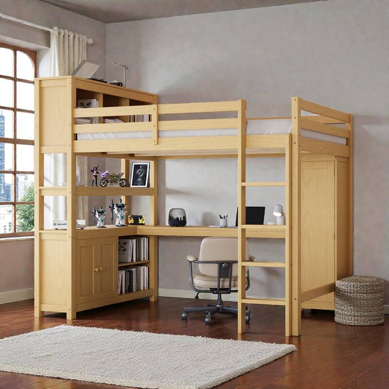 Queen Wood Loft Bed with Wardrobe, Desk & Bookshelf, Space-Saving Loft Bed with Storage Cabinet and Ladder for Kids & Teens - Natural - Queen