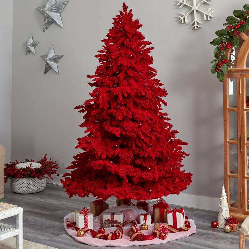 8ft. Red Flocked Fir Artificial Christmas Tree with 700 Red Lights, 45 Globe Bulbs & 1468 Branches - Bold X-Mas Statement Tree