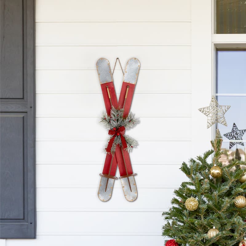 Glitzhome 35"H Christmas Wooden/Galvanized Ski Porch Decor