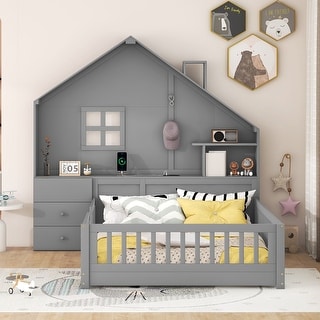 Elegant Design Full House Platform Bed with Window, Drawers, Shelves & USB Ports