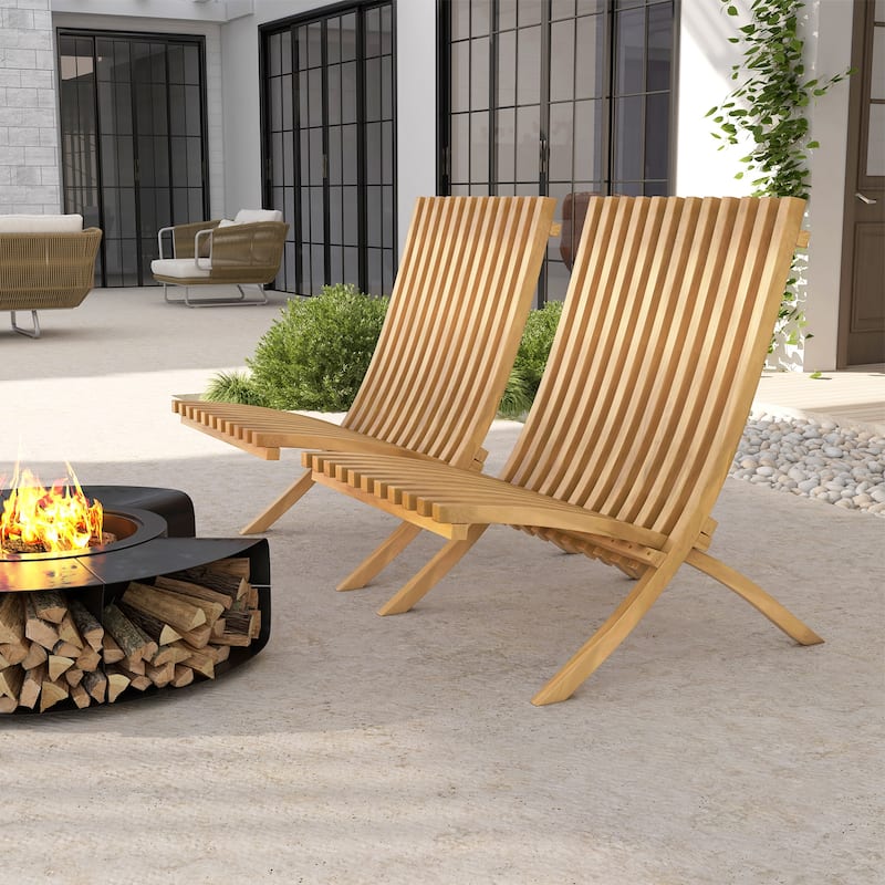 Gymax Folding Patio Chair Teak Wood Outdoor Lounge Chair w/ Slatted