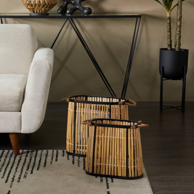 Wicker Wood Handmade Slatted Frame Storage Basket with Handles - Set of 2 Brown - Roche River Decor - 8"W x 16"L x 14"H