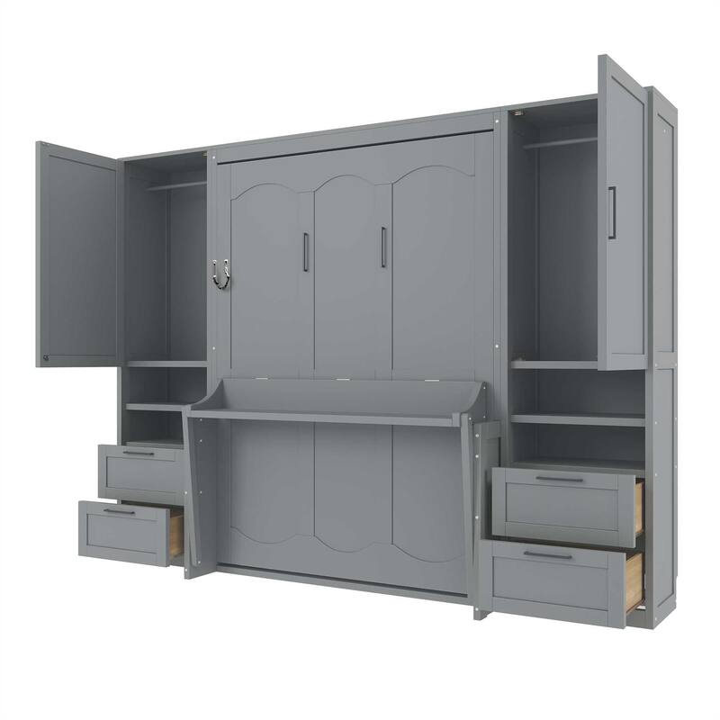 Full Size Murphy Bed with Closet, Drawers & Shelves - Space-Saving Wall Bed with Storage for Small Rooms