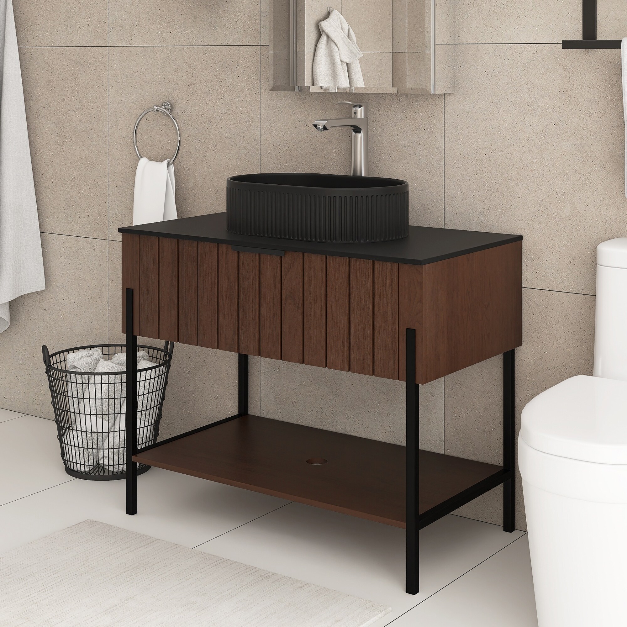 36" Bathroom Vanity With Sink, Freestanding Striped Design Bathroom Storage Cabinet With Drawer And Metal Supporting Structure, Open